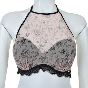 La Vie en Rose Black & Pink Floral Lace Halter Bralette Bra Size 36C Low Back